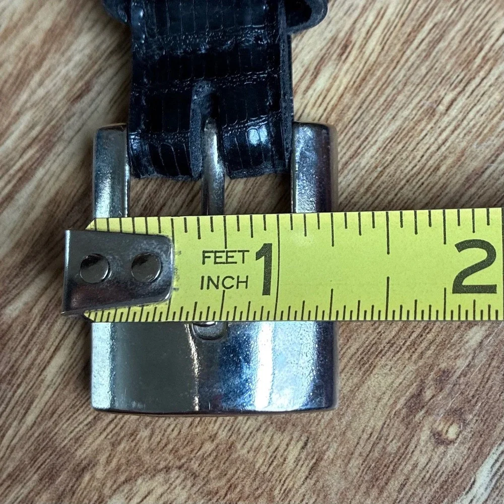 Vintage Lizard Embossed Belt Black 36 Western Silver Buckle Slim Metal Tip